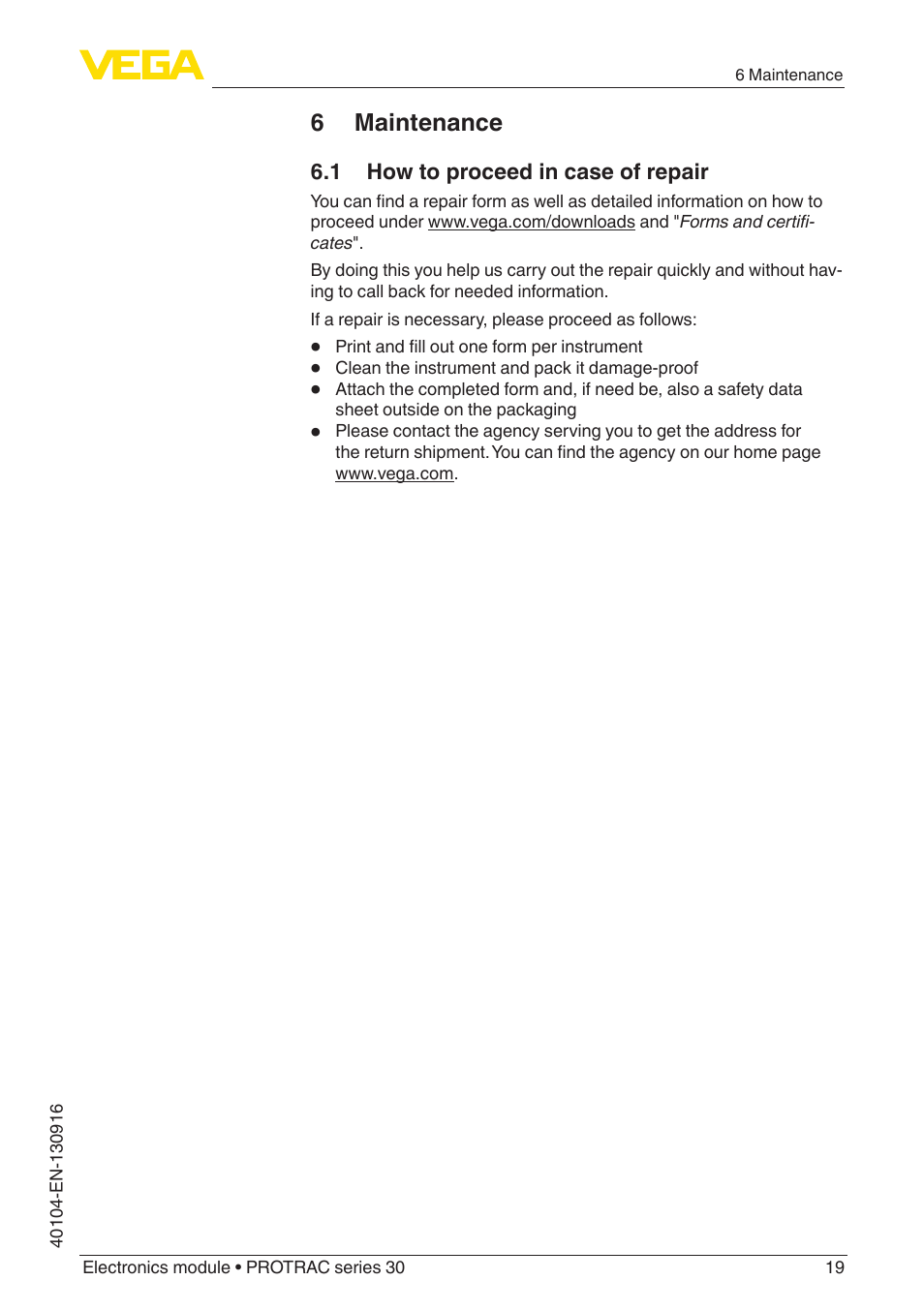 6 maintenance, 1 how to proceed in case of repair | VEGA PROTRAC series 30 Electronics module User Manual | Page 19 / 24