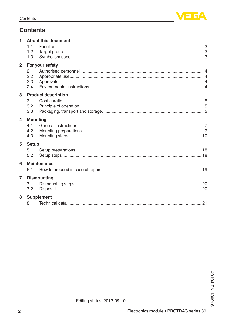 VEGA PROTRAC series 30 Electronics module User Manual | Page 2 / 24