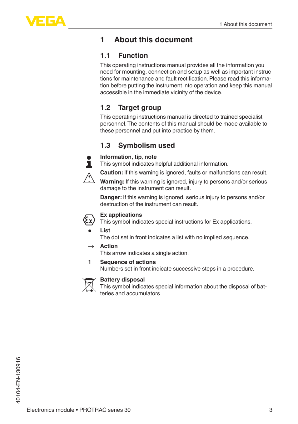 1 about this document, 1 function, 2 target group | 3 symbolism used | VEGA PROTRAC series 30 Electronics module User Manual | Page 3 / 24