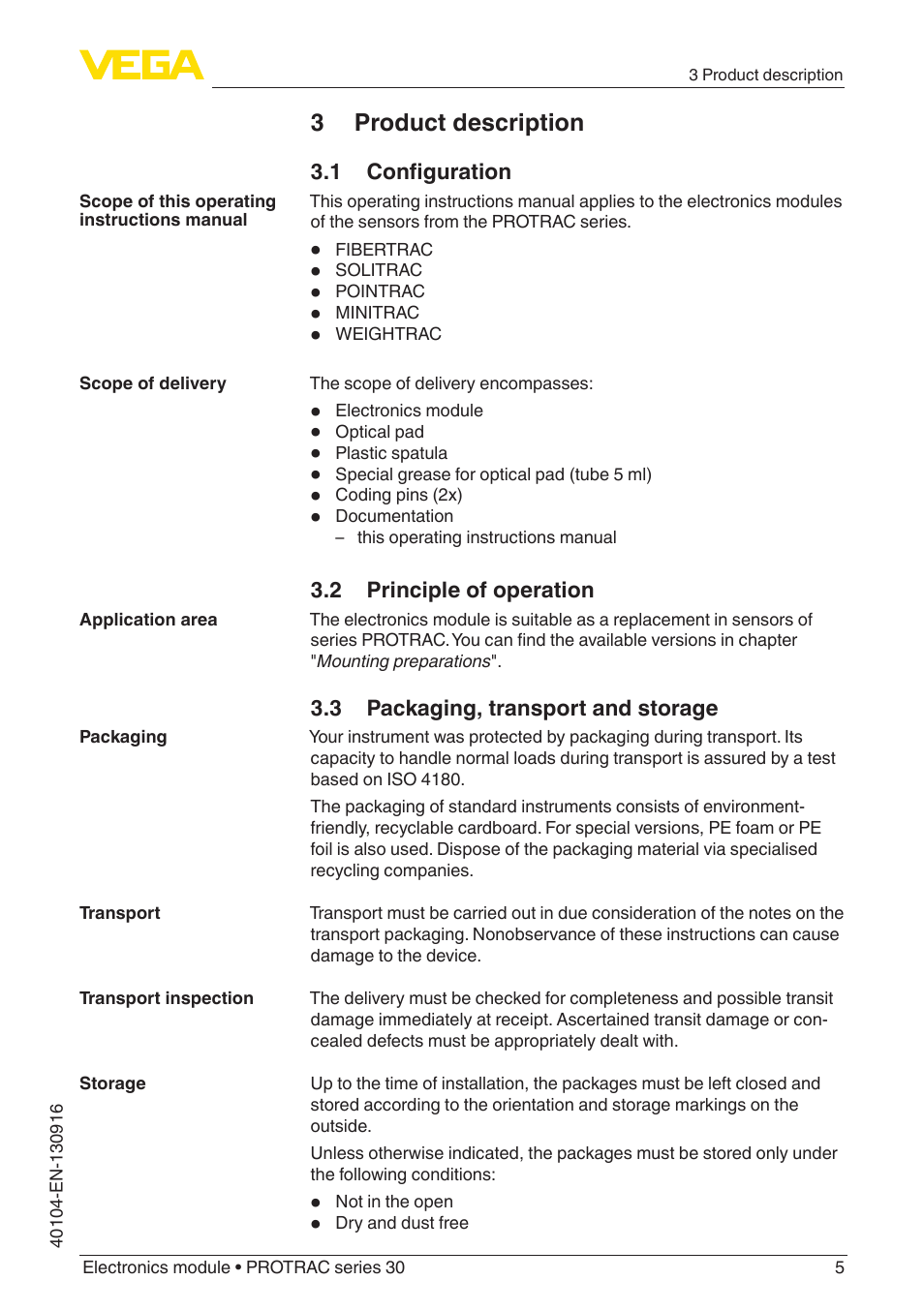 3 product description, 1 configuration, 2 principle of operation | 3 packaging, transport and storage | VEGA PROTRAC series 30 Electronics module User Manual | Page 5 / 24