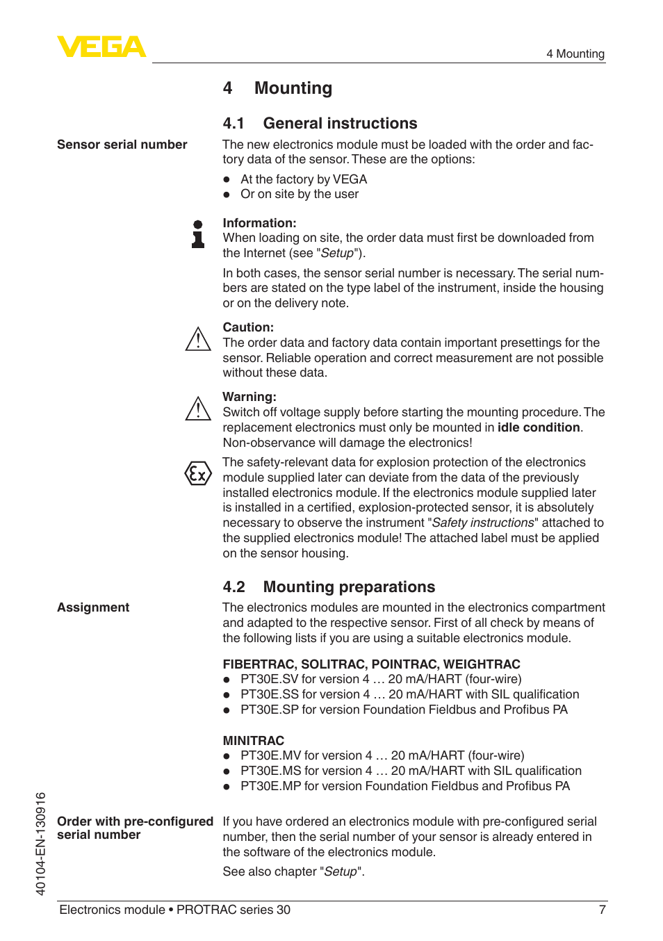 4 mounting, 1 general instructions, 2 mounting preparations | VEGA PROTRAC series 30 Electronics module User Manual | Page 7 / 24