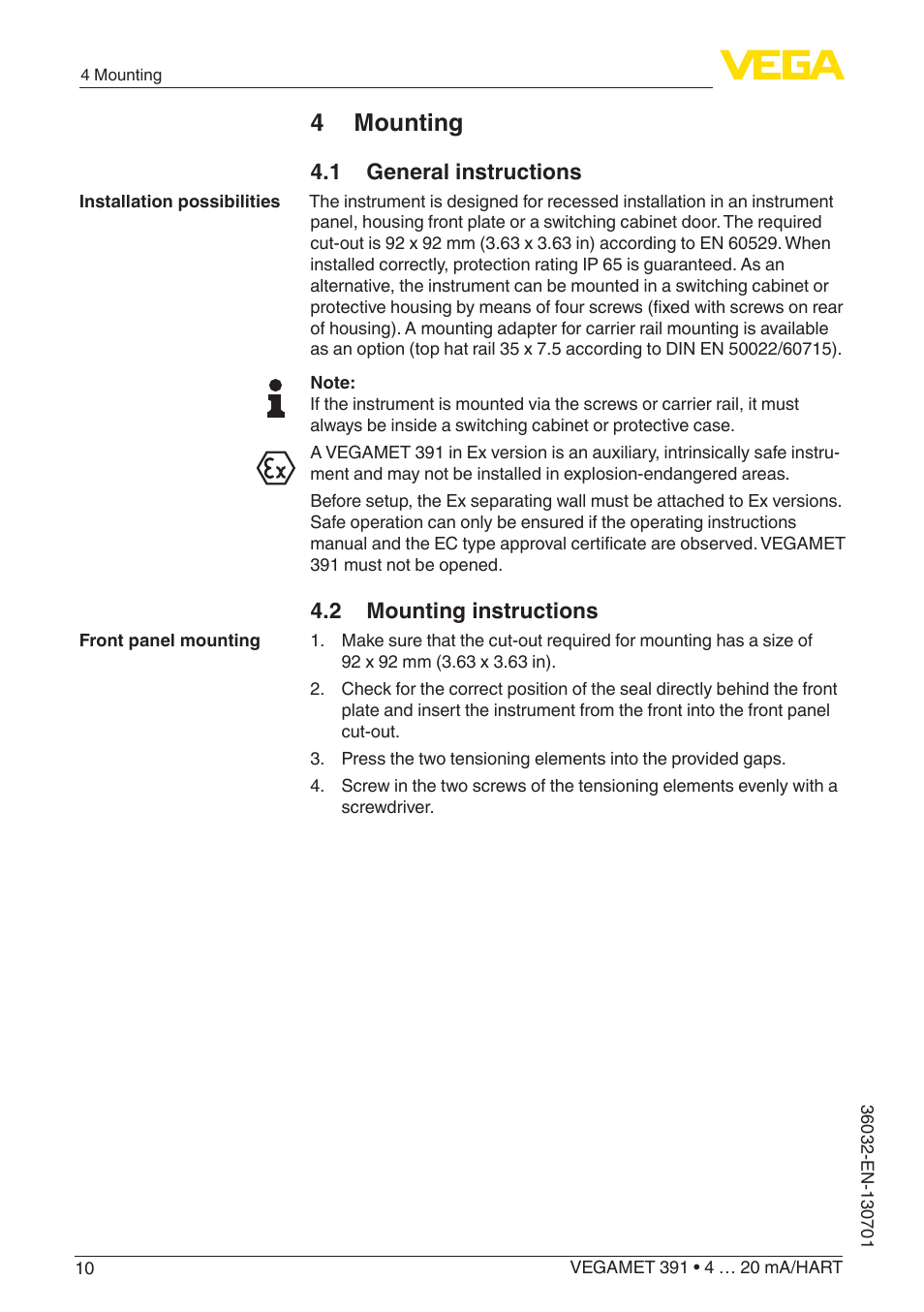 4 mounting, 1 general instructions, 2 mounting instructions | VEGA VEGAMET 391 4 … 20 mA_HART User Manual | Page 10 / 64