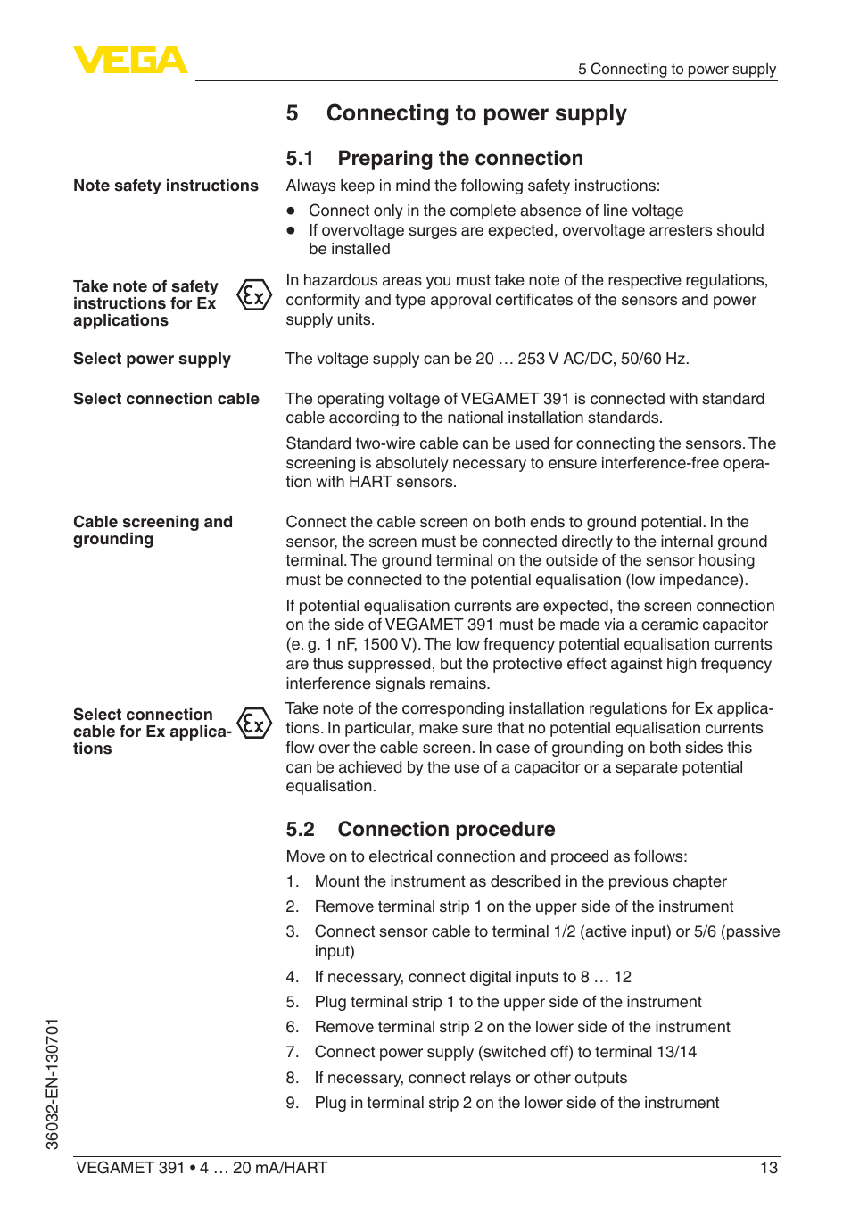 5 connecting to power supply, 1 preparing the connection, 2 connection procedure | VEGA VEGAMET 391 4 … 20 mA_HART User Manual | Page 13 / 64