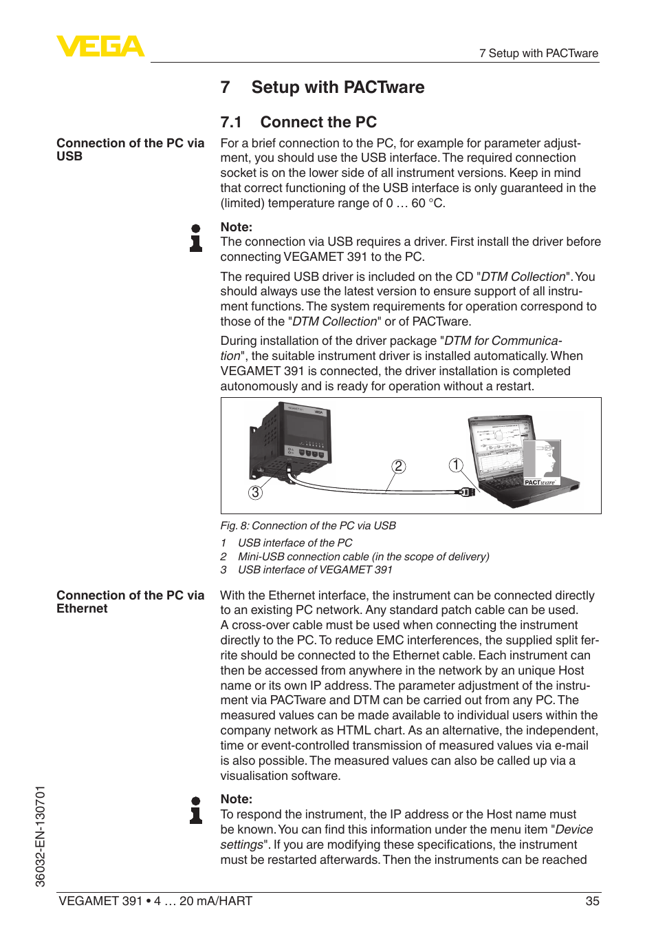 7 setup with pactware, 1 connect the pc | VEGA VEGAMET 391 4 … 20 mA_HART User Manual | Page 35 / 64