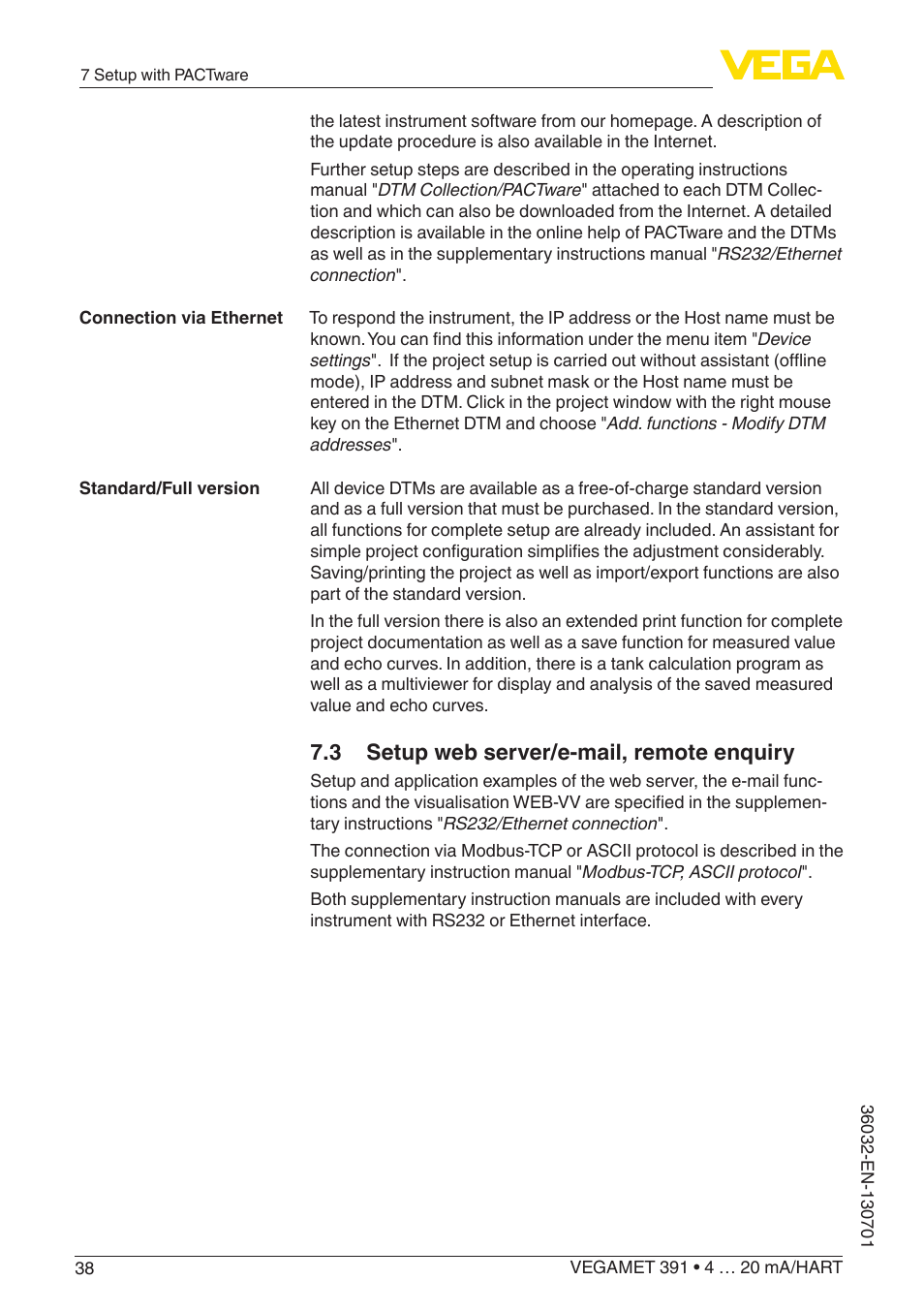 3 setup web server/e-mail, remote enquiry | VEGA VEGAMET 391 4 … 20 mA_HART User Manual | Page 38 / 64