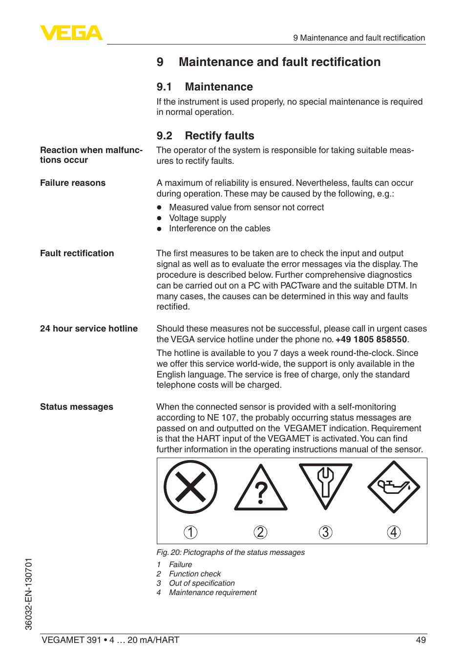 9 maintenance and fault rectification, 1 maintenance, 2 rectify faults | VEGA VEGAMET 391 4 … 20 mA_HART User Manual | Page 49 / 64