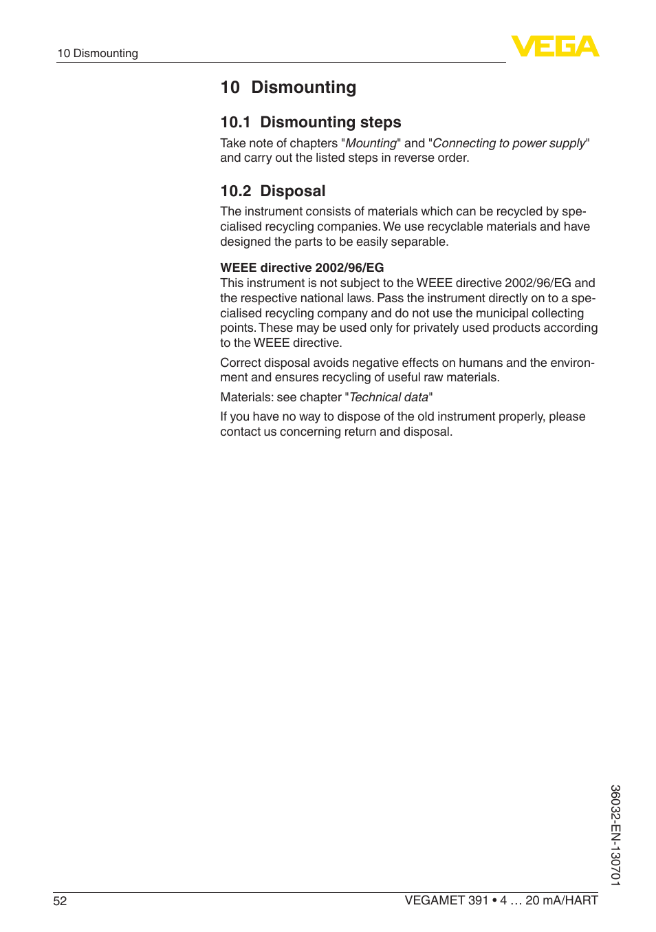 10 dismounting, 1 dismounting steps, 2 disposal | VEGA VEGAMET 391 4 … 20 mA_HART User Manual | Page 52 / 64