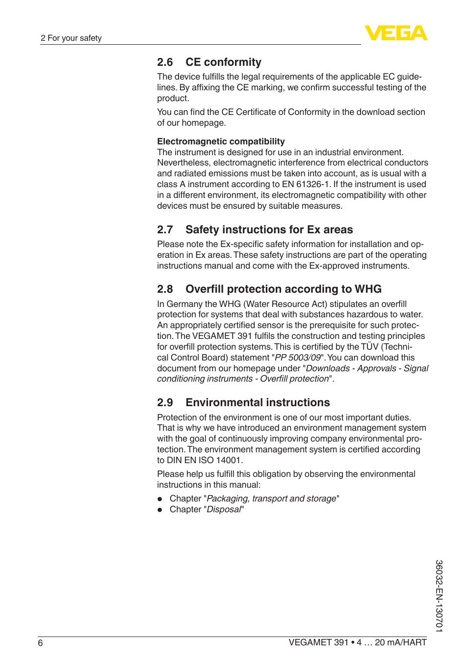 6 ce conformity, 7 safety instructions for ex areas, 8 overfill protection according to whg | 9 environmental instructions | VEGA VEGAMET 391 4 … 20 mA_HART User Manual | Page 6 / 64
