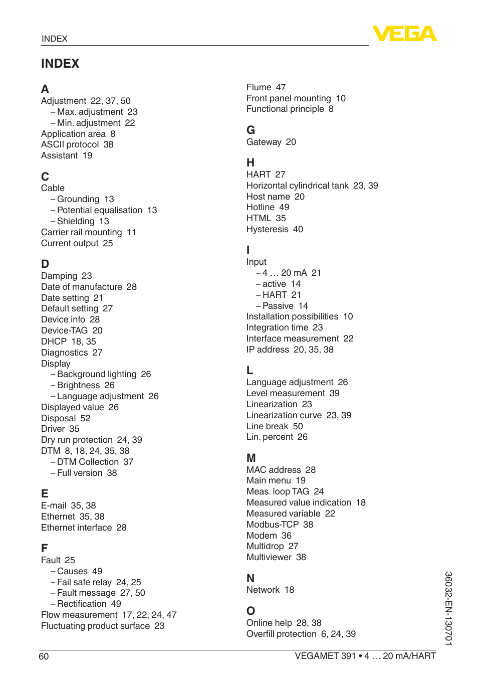 Index | VEGA VEGAMET 391 4 … 20 mA_HART User Manual | Page 60 / 64