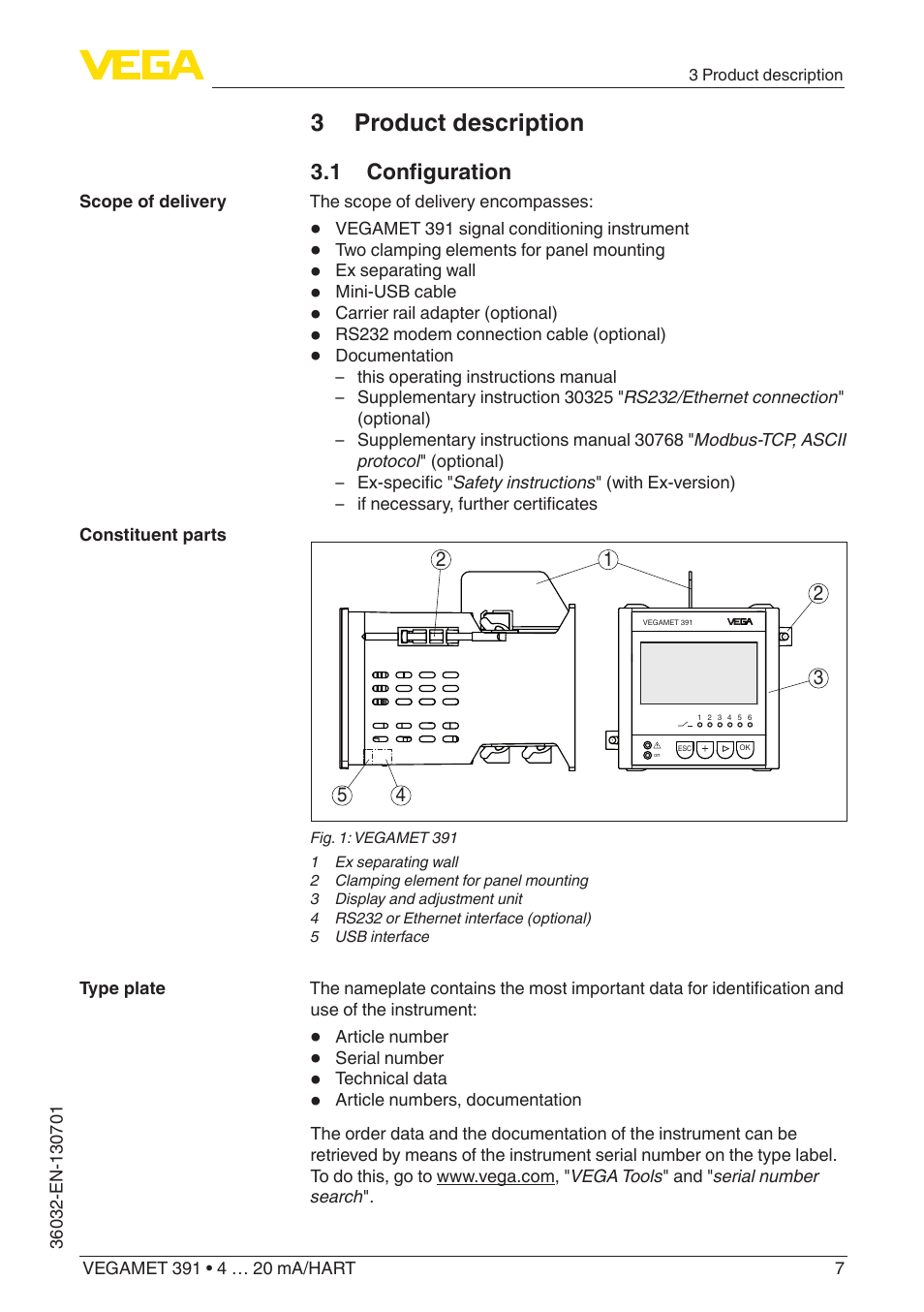 3 product description, 1 configuration | VEGA VEGAMET 391 4 … 20 mA_HART User Manual | Page 7 / 64