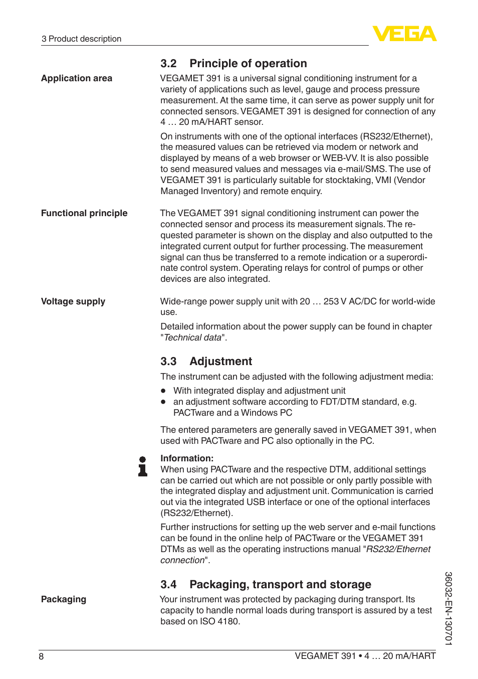 2 principle of operation, 3 adjustment, 4 packaging, transport and storage | VEGA VEGAMET 391 4 … 20 mA_HART User Manual | Page 8 / 64