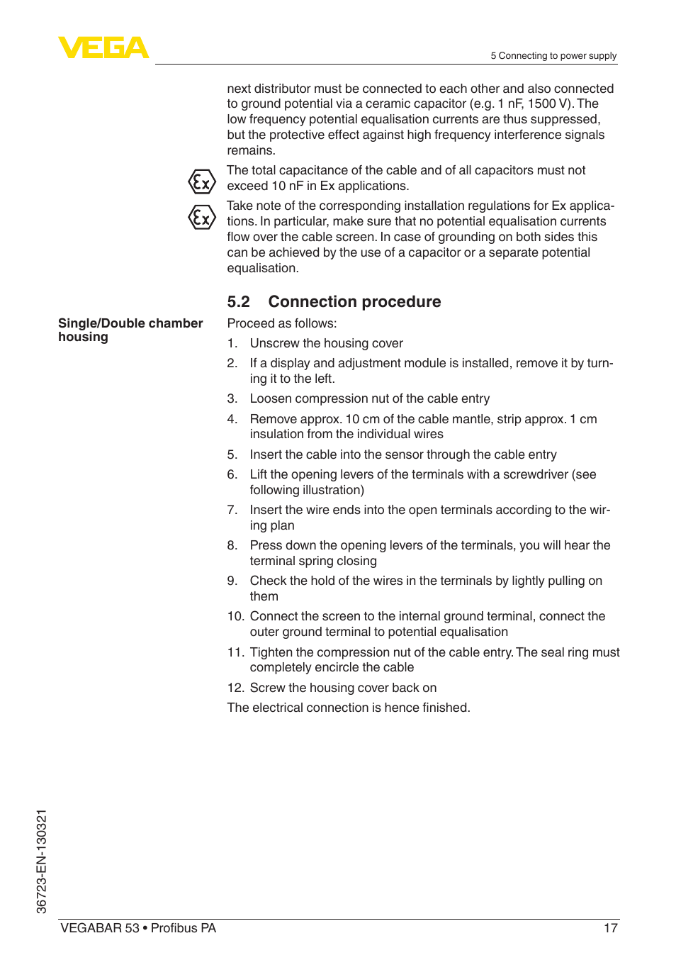 2 connection procedure | VEGA VEGABAR 53 Profibus PA User Manual | Page 17 / 68