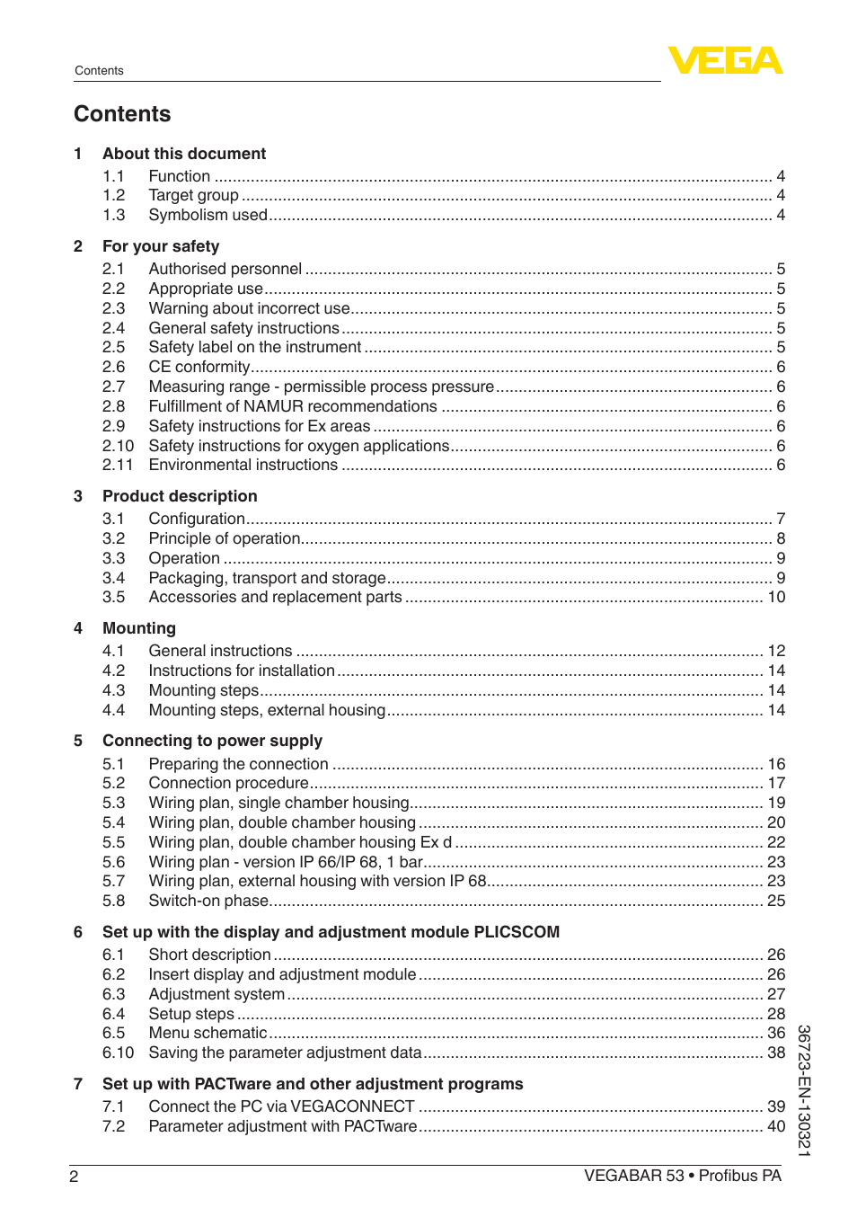 VEGA VEGABAR 53 Profibus PA User Manual | Page 2 / 68