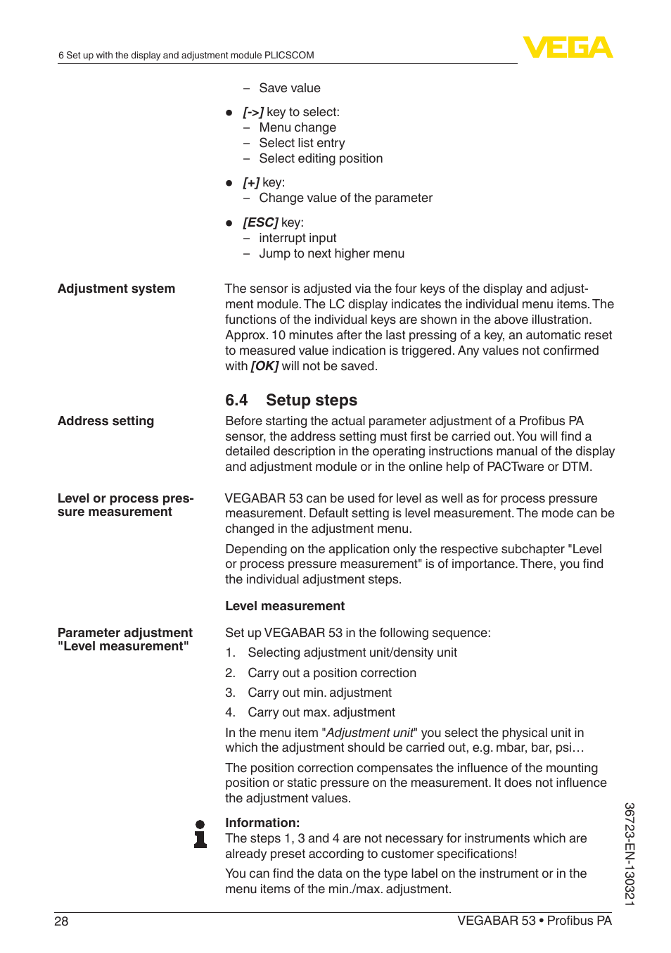 4 setup steps | VEGA VEGABAR 53 Profibus PA User Manual | Page 28 / 68