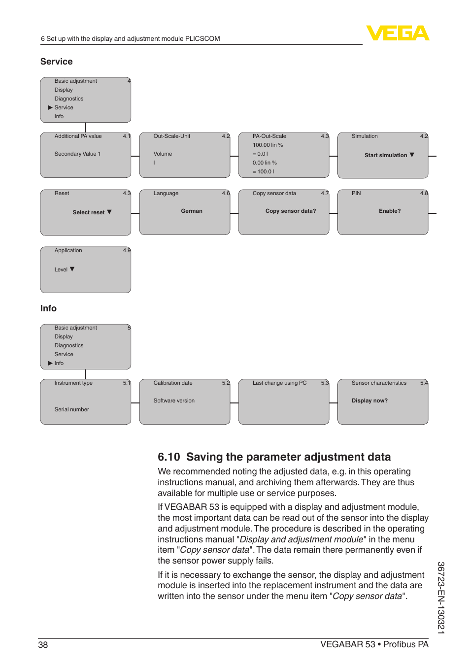 10 saving the parameter adjustment data, Info | VEGA VEGABAR 53 Profibus PA User Manual | Page 38 / 68