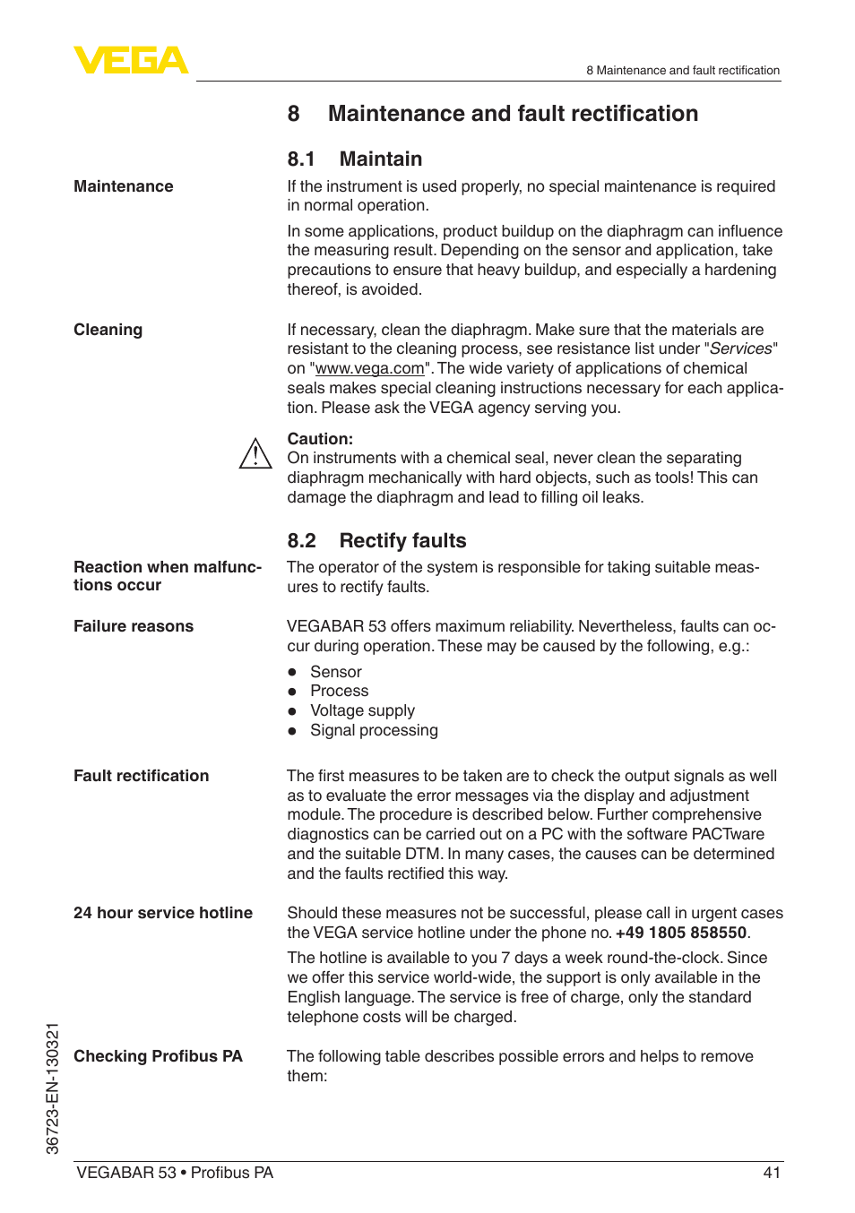 8 maintenance and fault rectification | VEGA VEGABAR 53 Profibus PA User Manual | Page 41 / 68