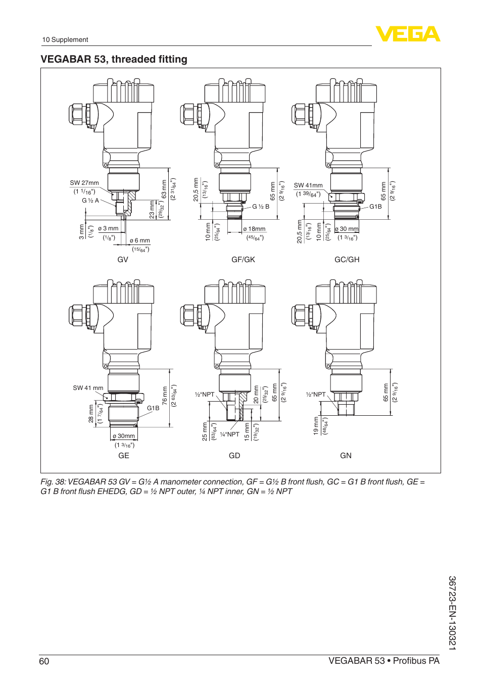 Vegabar 53, threaded fitting, Gd ge gv gf/gk gc/gh gn | VEGA VEGABAR 53 Profibus PA User Manual | Page 60 / 68