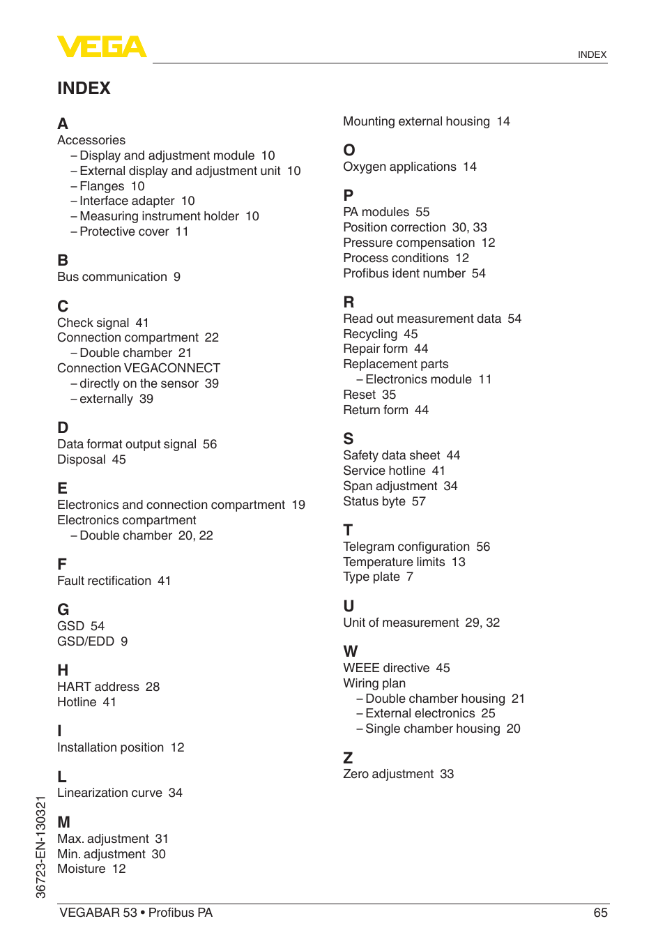 Index | VEGA VEGABAR 53 Profibus PA User Manual | Page 65 / 68