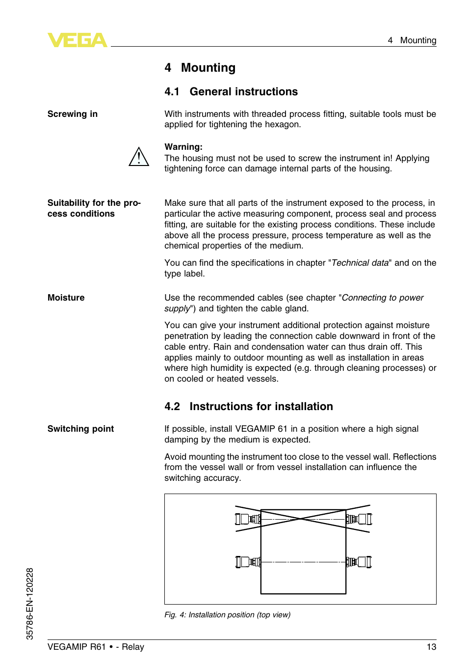 4 mounting, 1 general instructions, 2 instructions for installation | 4mounting | VEGA VEGAMIP R61 Receiving unit - Relay User Manual | Page 13 / 48