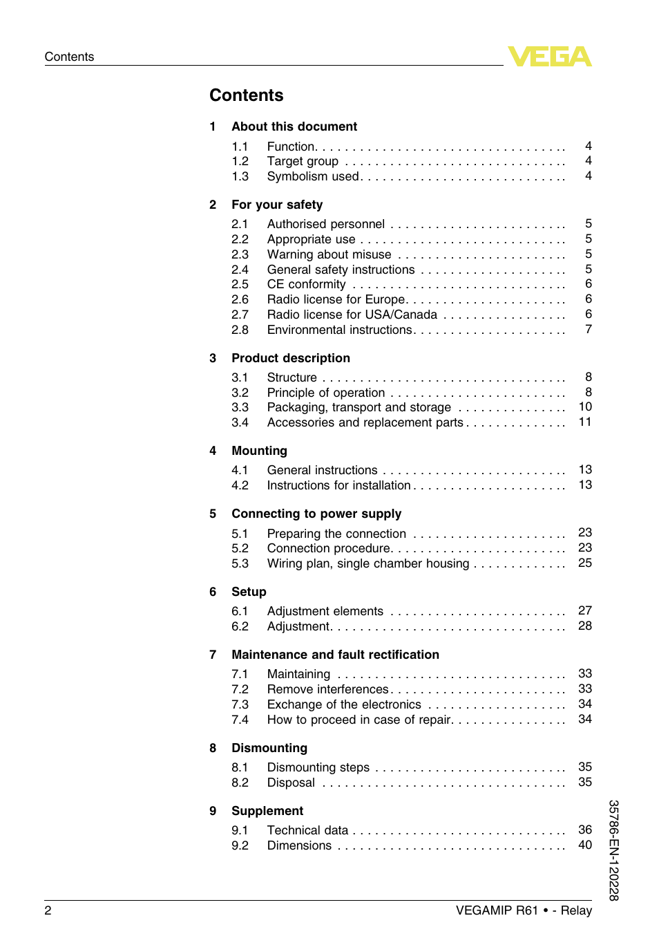 VEGA VEGAMIP R61 Receiving unit - Relay User Manual | Page 2 / 48