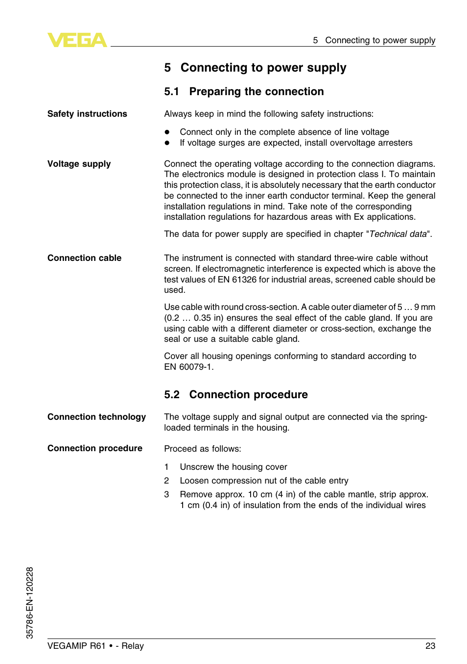 5 connecting to power supply, 1 preparing the connection, 2 connection procedure | 5connecting to power supply | VEGA VEGAMIP R61 Receiving unit - Relay User Manual | Page 23 / 48