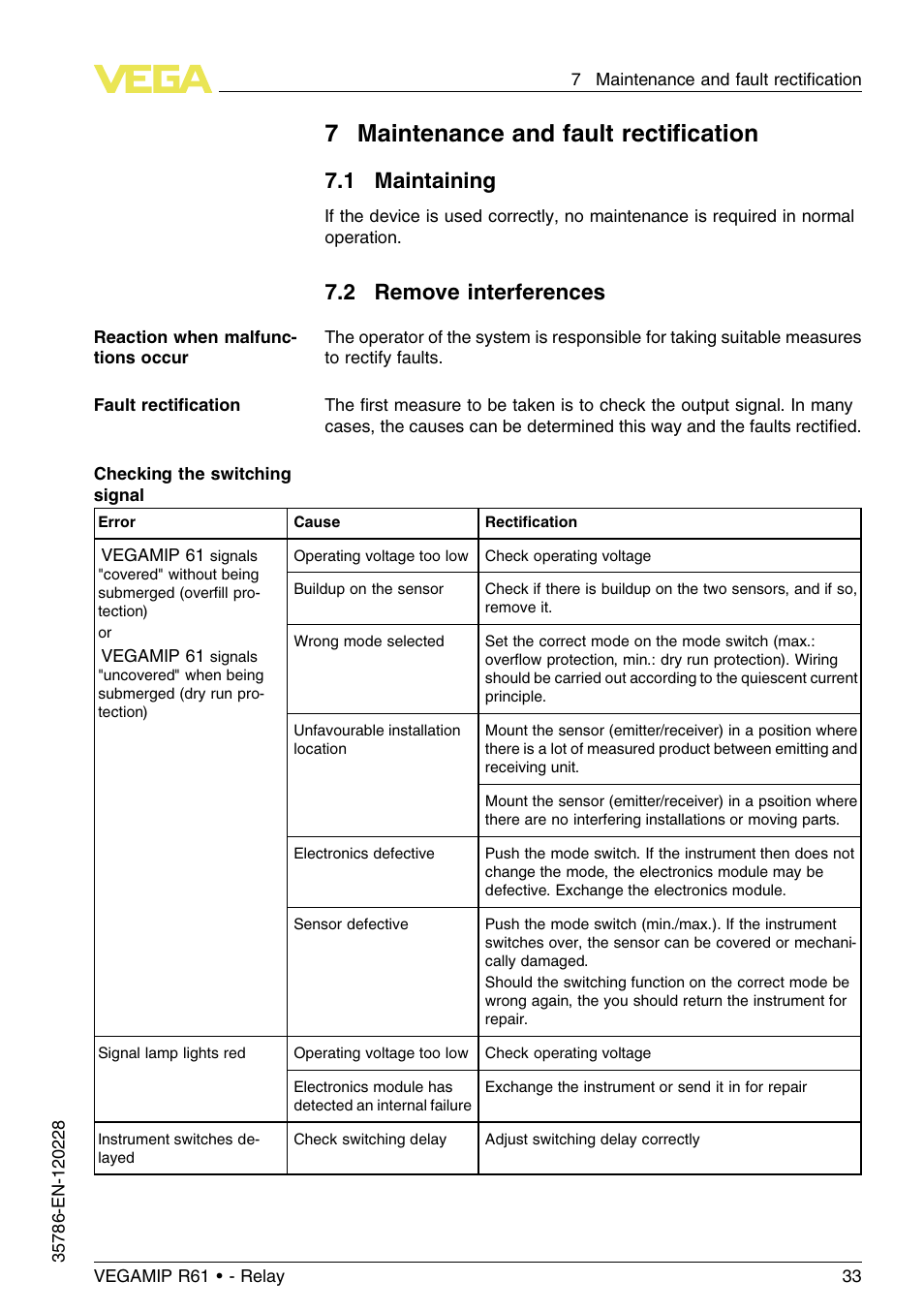 7 maintenance and fault rectification, 1 maintaining, 2 remove interferences | 7maintenance and fault rectiﬁcation | VEGA VEGAMIP R61 Receiving unit - Relay User Manual | Page 33 / 48