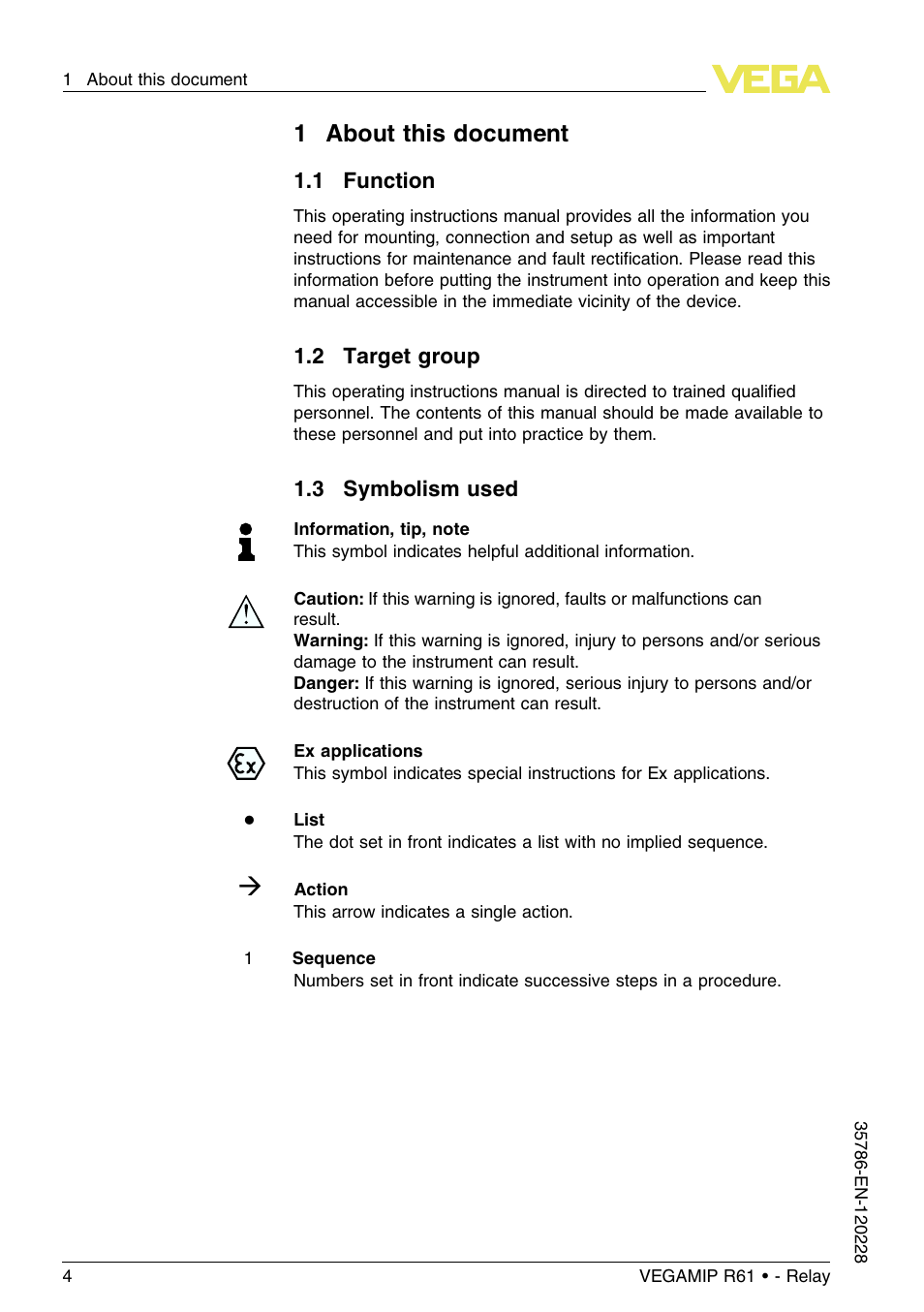 1 about this document, 1 function, 2 target group | 3 symbolism used, 1about this document | VEGA VEGAMIP R61 Receiving unit - Relay User Manual | Page 4 / 48