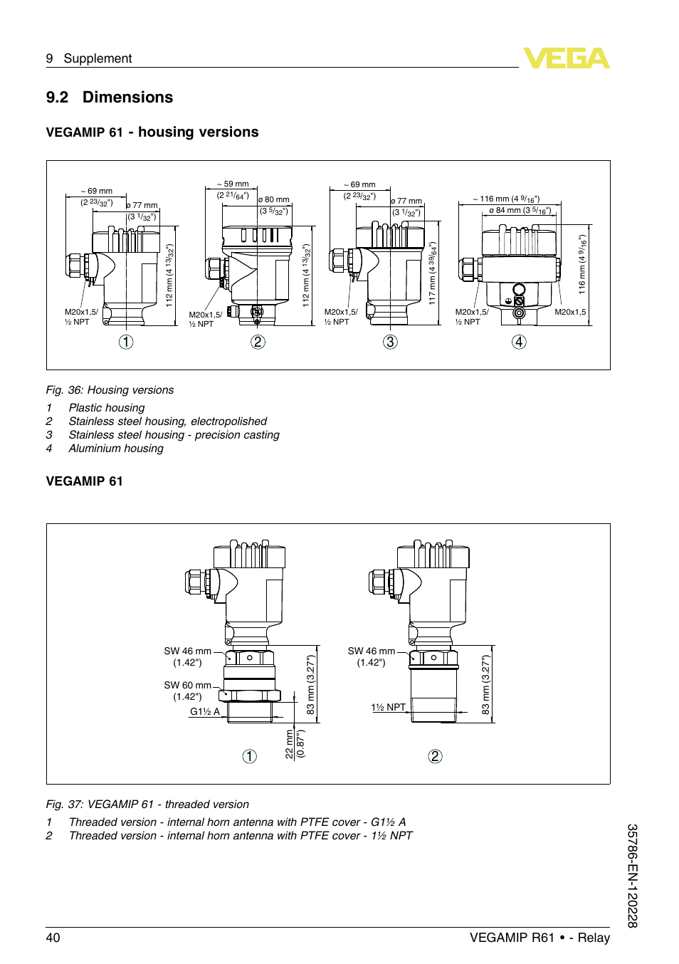 2 dimensions, Housing versions, Vegamip 61 | VEGA VEGAMIP R61 Receiving unit - Relay User Manual | Page 40 / 48