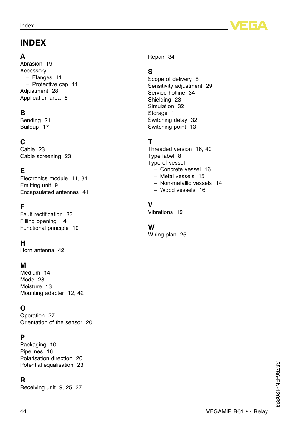 Index | VEGA VEGAMIP R61 Receiving unit - Relay User Manual | Page 44 / 48