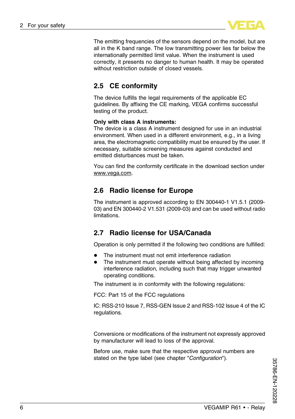 6 radio license for europe, 7 radio license for usa/canada | VEGA VEGAMIP R61 Receiving unit - Relay User Manual | Page 6 / 48