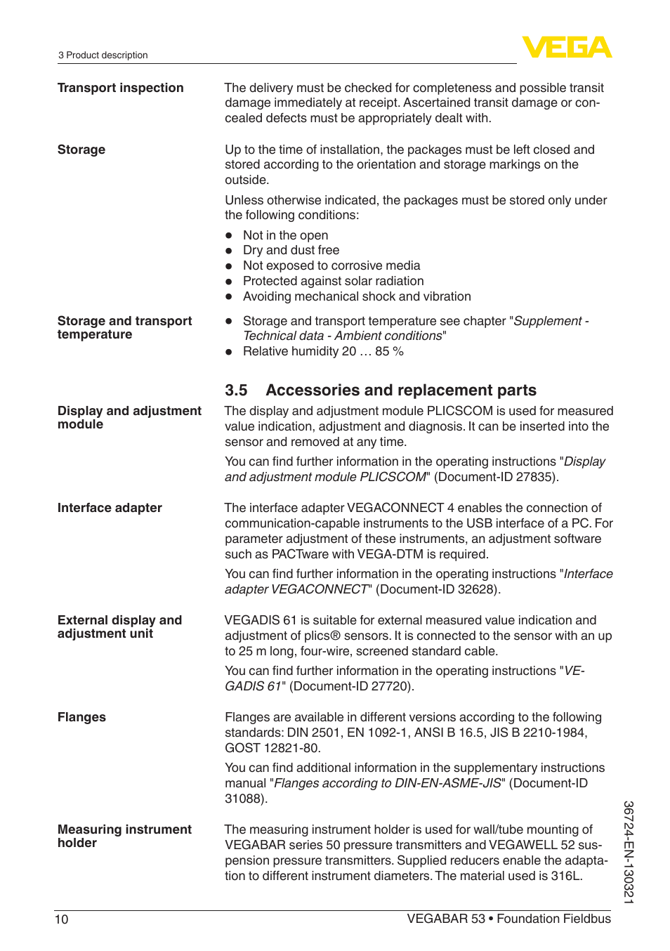 VEGA VEGABAR 53 Foundation Fieldbus User Manual | Page 10 / 64