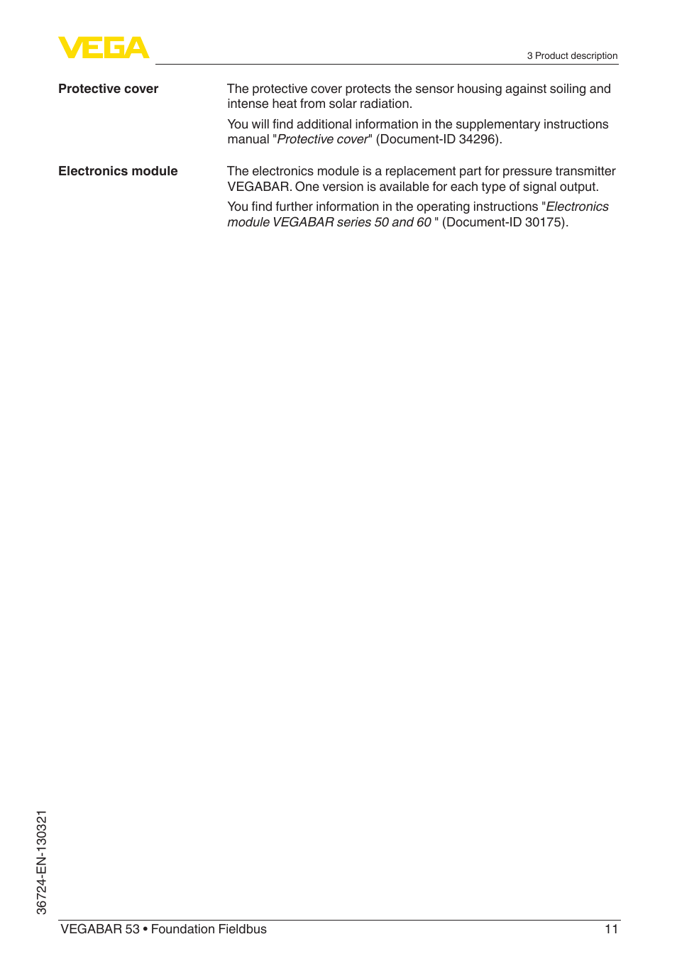 VEGA VEGABAR 53 Foundation Fieldbus User Manual | Page 11 / 64