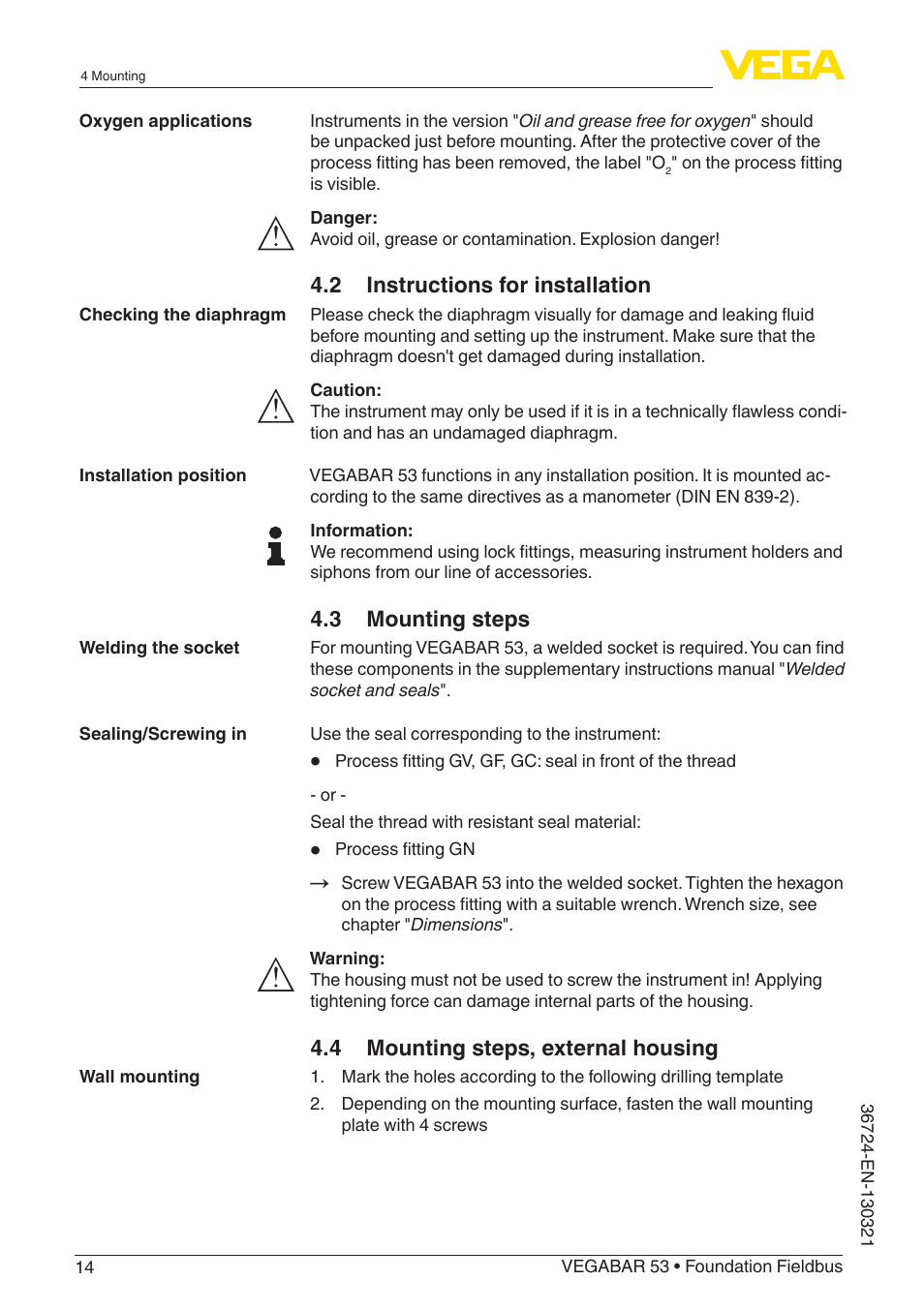 VEGA VEGABAR 53 Foundation Fieldbus User Manual | Page 14 / 64