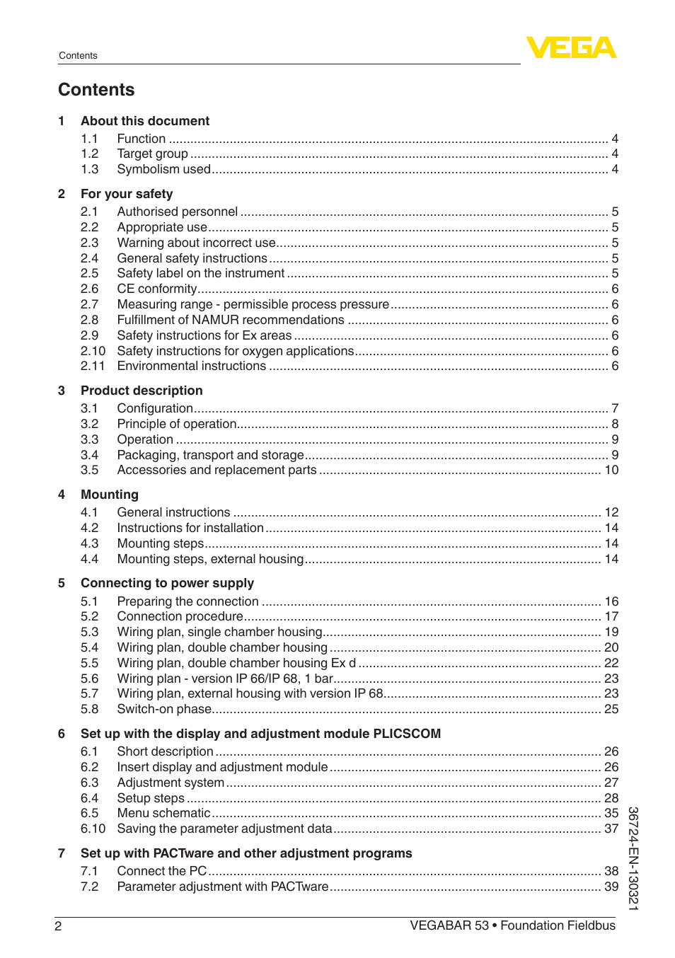 VEGA VEGABAR 53 Foundation Fieldbus User Manual | Page 2 / 64