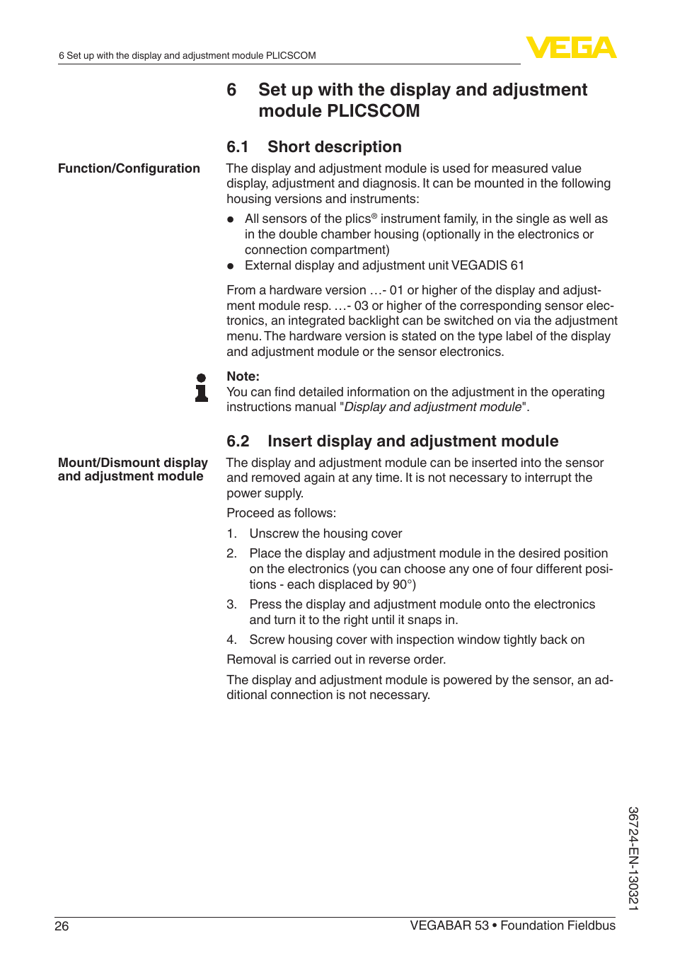 VEGA VEGABAR 53 Foundation Fieldbus User Manual | Page 26 / 64