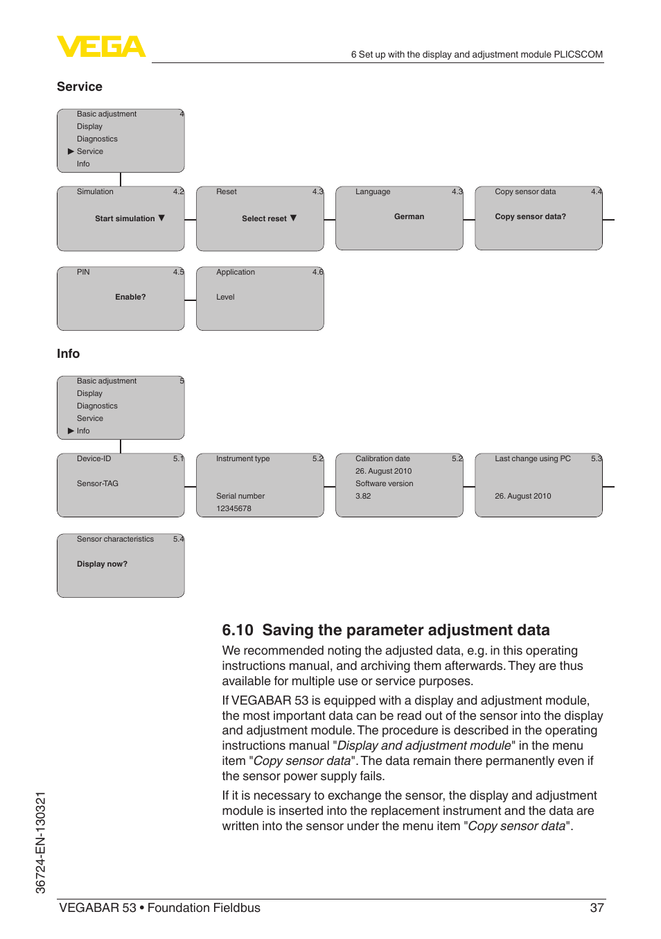 10 saving the parameter adjustment data, Info | VEGA VEGABAR 53 Foundation Fieldbus User Manual | Page 37 / 64