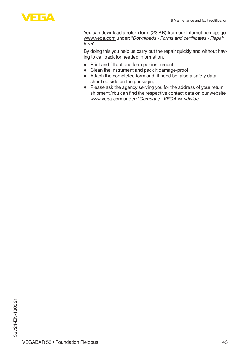 VEGA VEGABAR 53 Foundation Fieldbus User Manual | Page 43 / 64