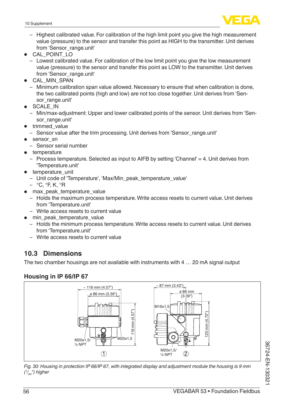 3 dimensions | VEGA VEGABAR 53 Foundation Fieldbus User Manual | Page 56 / 64