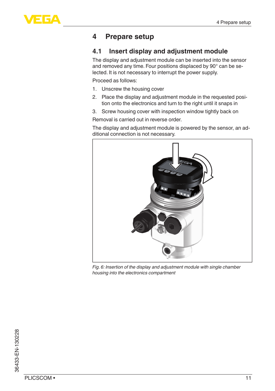 4 prepare setup, 1 insert display and adjustment module | VEGA PLICSCOM User Manual | Page 11 / 44