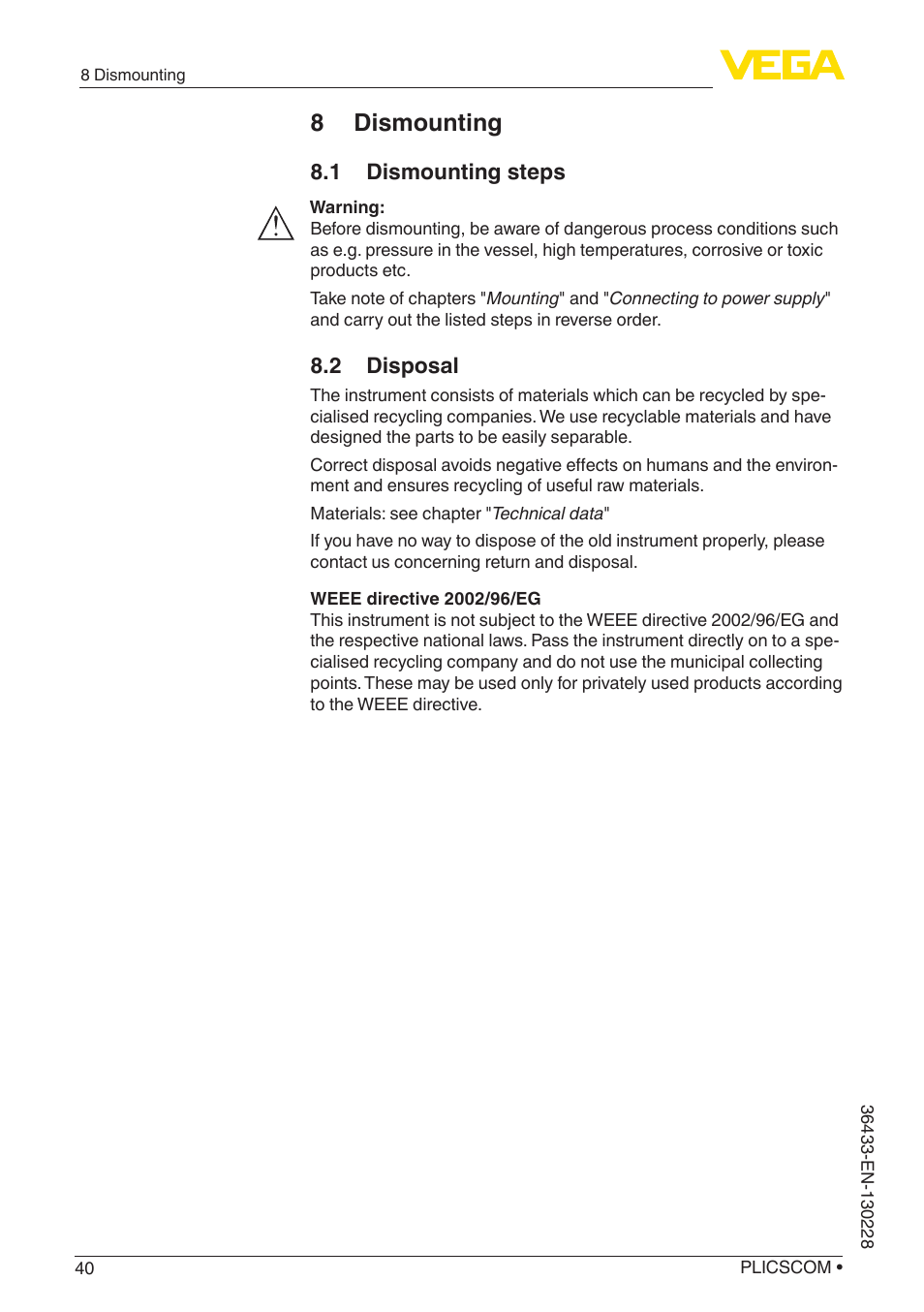 8 dismounting | VEGA PLICSCOM User Manual | Page 40 / 44