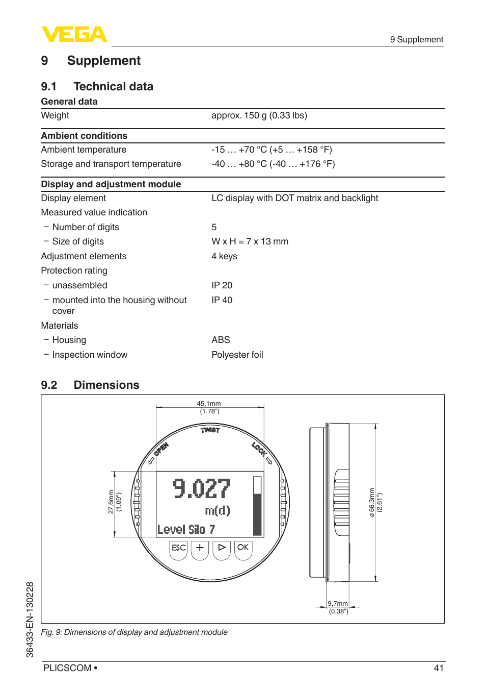 9 supplement, 1 technical data, 2 dimensions | VEGA PLICSCOM User Manual | Page 41 / 44