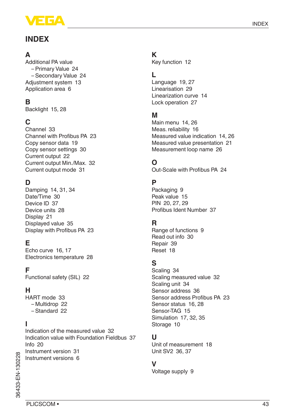 Index | VEGA PLICSCOM User Manual | Page 43 / 44