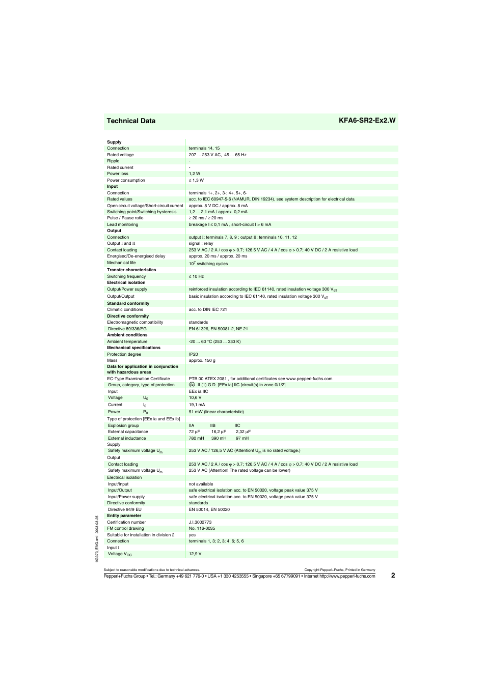 Technical data kfa6-sr2-ex2.w | VEGA KFA6-SR2-Ex2.W User Manual | Page 2 / 3