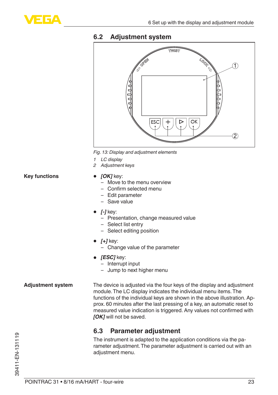 2 adjustment system, 3 parameter adjustment | VEGA POINTRAC 31 8_16 mA_HART - four-wire User Manual | Page 23 / 56
