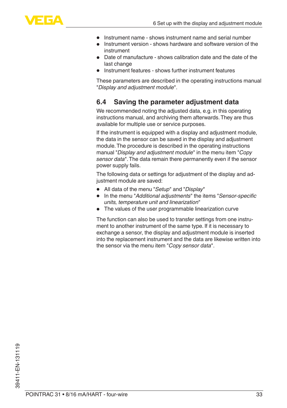 4 saving the parameter adjustment data | VEGA POINTRAC 31 8_16 mA_HART - four-wire User Manual | Page 33 / 56