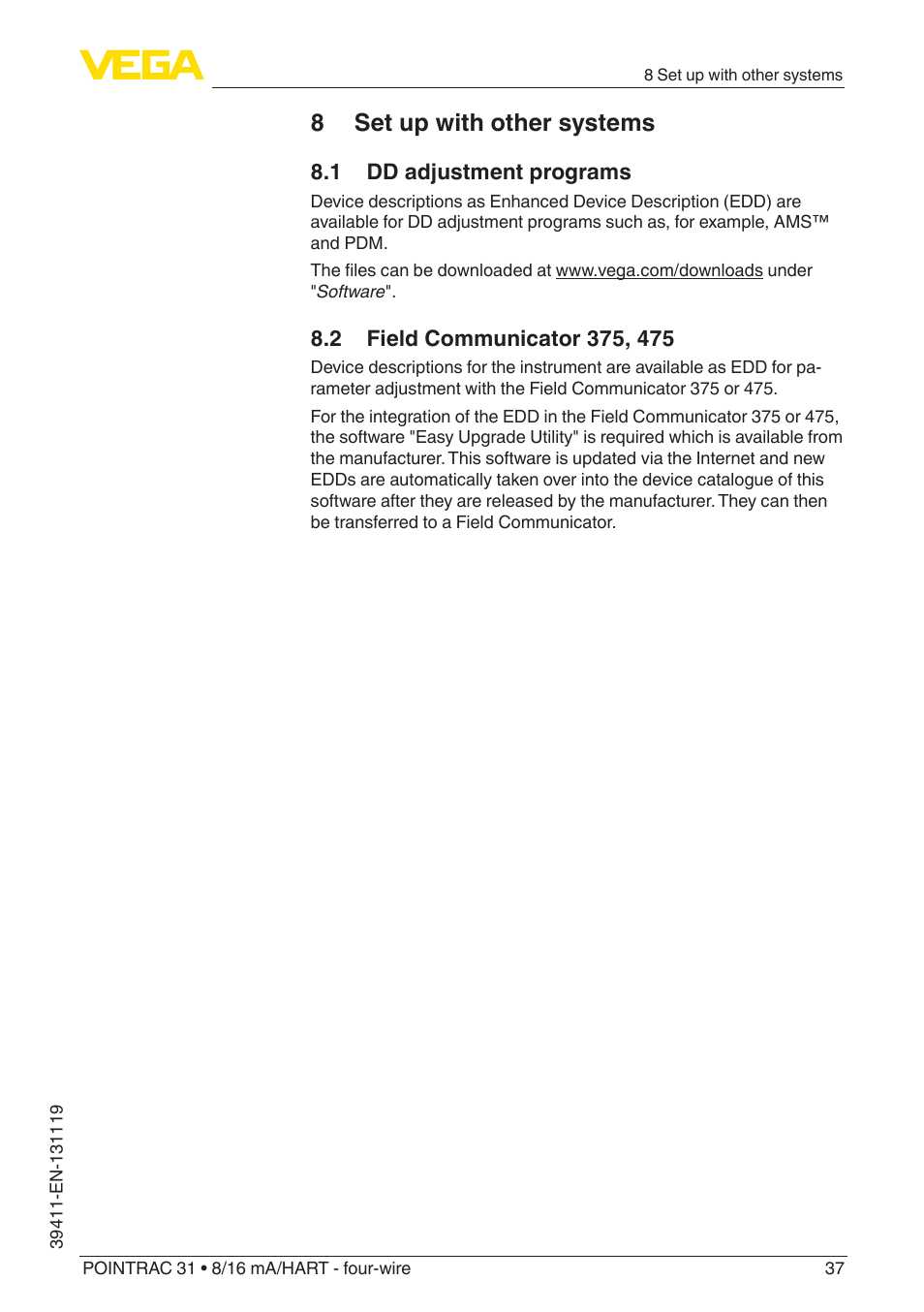 8 set up with other systems, 1 dd adjustment programs, 2 field communicator 375, 475 | VEGA POINTRAC 31 8_16 mA_HART - four-wire User Manual | Page 37 / 56