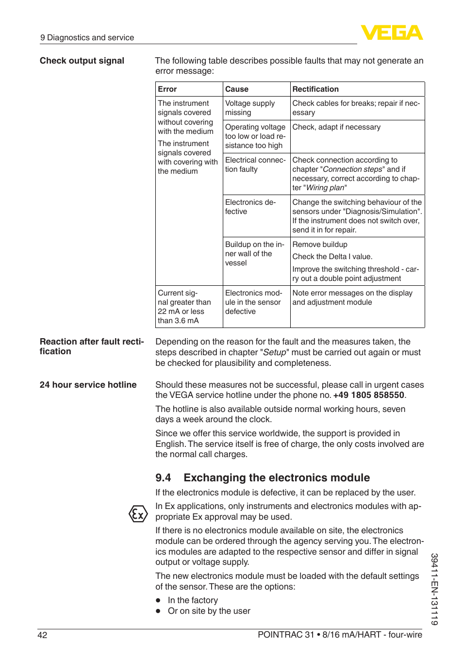 4 exchanging the electronics module | VEGA POINTRAC 31 8_16 mA_HART - four-wire User Manual | Page 42 / 56