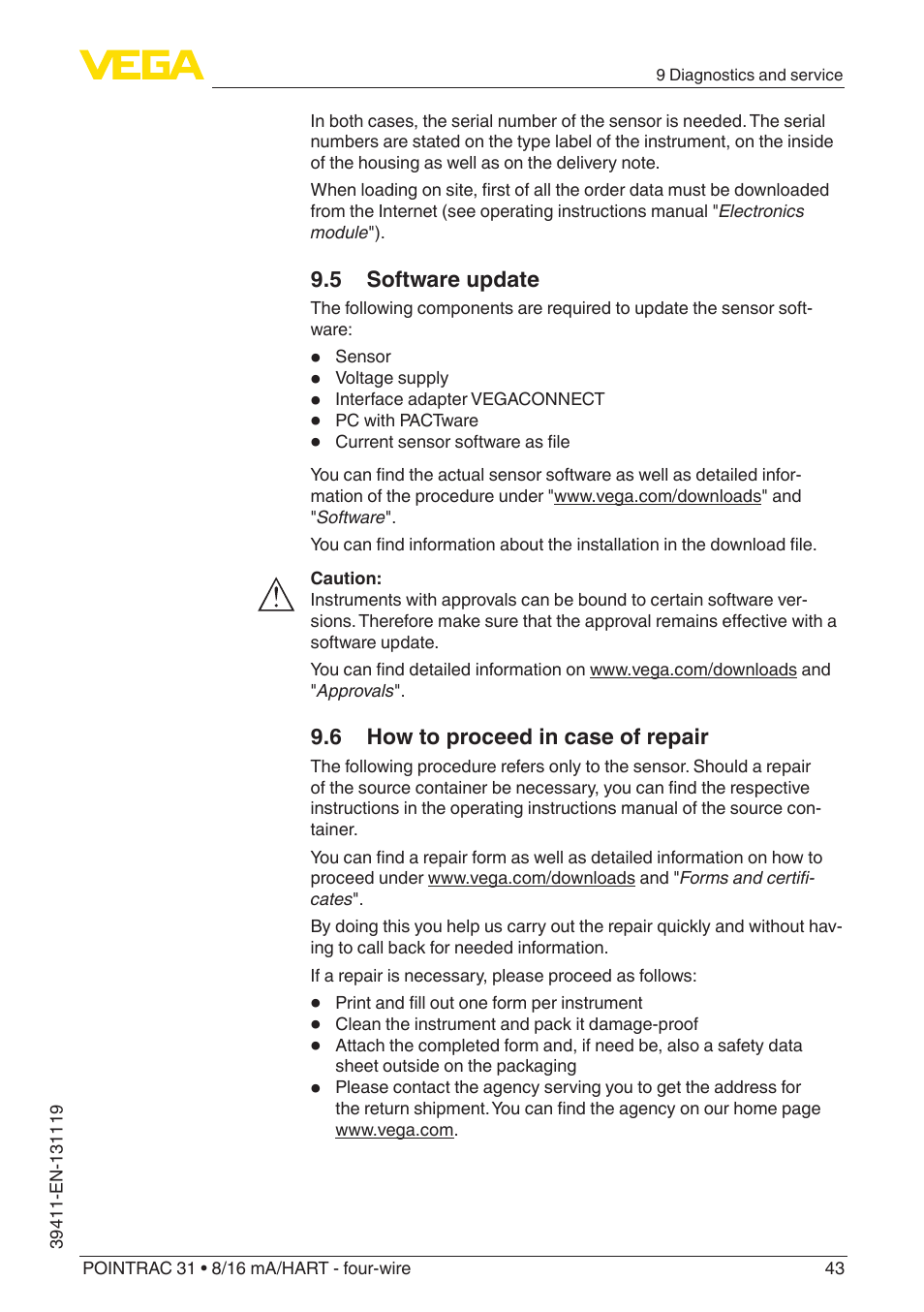 5 software update, 6 how to proceed in case of repair | VEGA POINTRAC 31 8_16 mA_HART - four-wire User Manual | Page 43 / 56