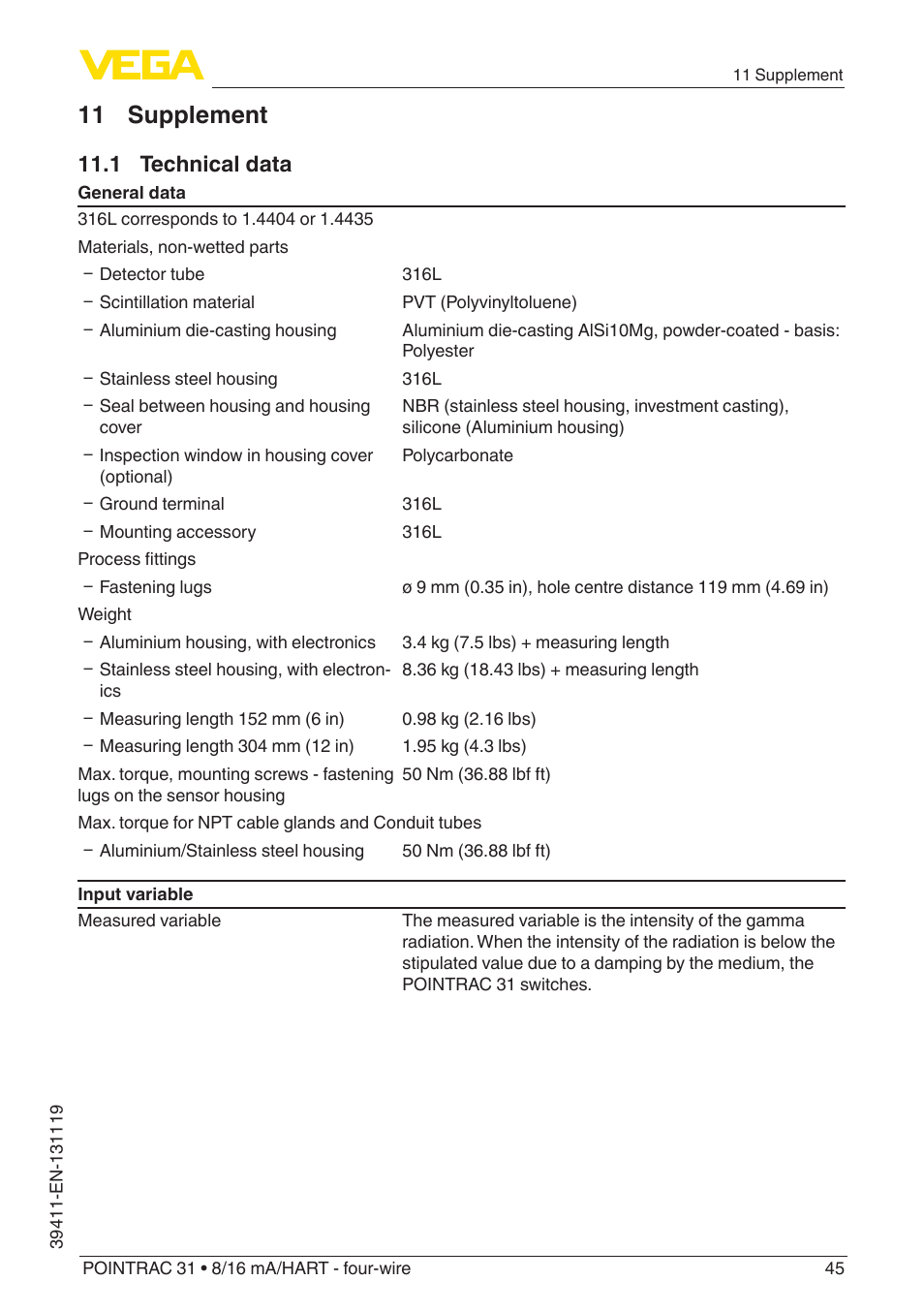 11 supplement, 1 technical data | VEGA POINTRAC 31 8_16 mA_HART - four-wire User Manual | Page 45 / 56