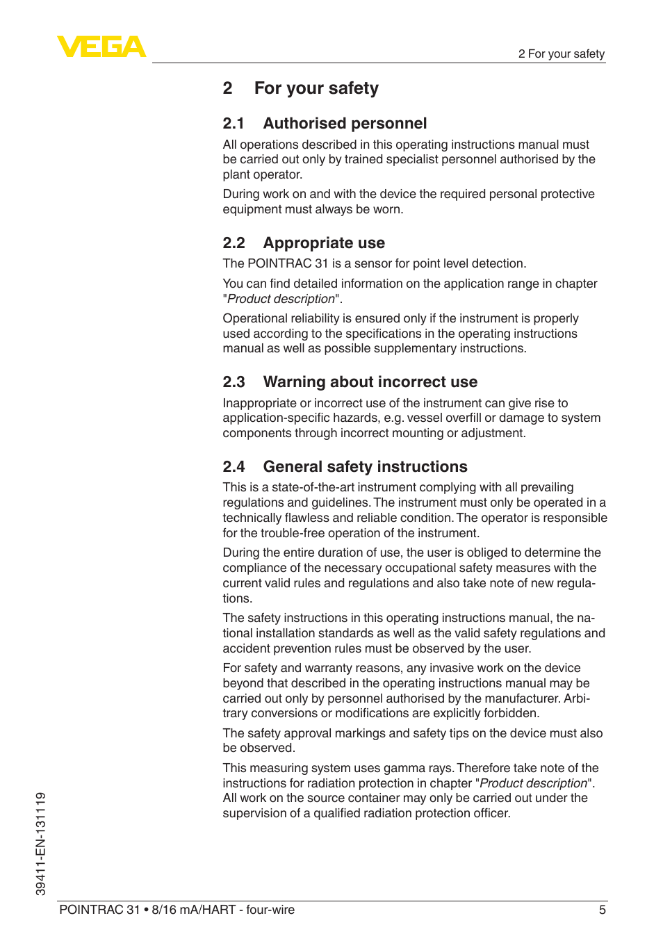 2 for your safety, 1 authorised personnel, 2 appropriate use | 3 warning about incorrect use, 4 general safety instructions | VEGA POINTRAC 31 8_16 mA_HART - four-wire User Manual | Page 5 / 56